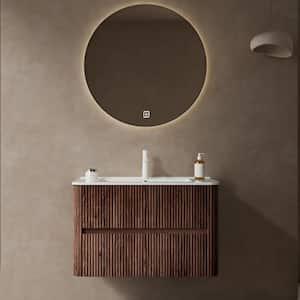 30 in. W x 18.3 in. D x 20.4 in. H Floating Bath Vanity in Walnut with White Ceramic Top and 2-Drawers, Pre-Assembled