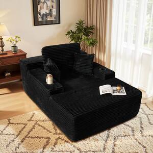 JOT 67 in. Square Arm Plush Corduroy Rectangle Chaise Lounge Sleeper Sofa Bed with Pillows and Cup Holders in Black