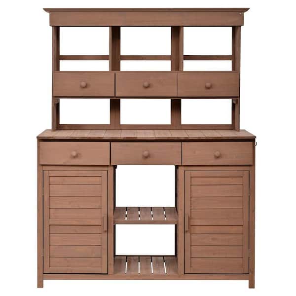 65.7 in. Brown Fir Wood Garden Potting Bench Table with 3-Shelves, 6-Drawers, 2-Bottom Cabinets