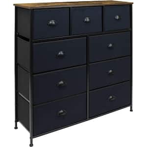39.5 in. L x 11.5 in. W x 39.5 in. H 9-Drawer Rustic Black Dresser with Steel Frame Wood Top Easy Pull Fabric Bins