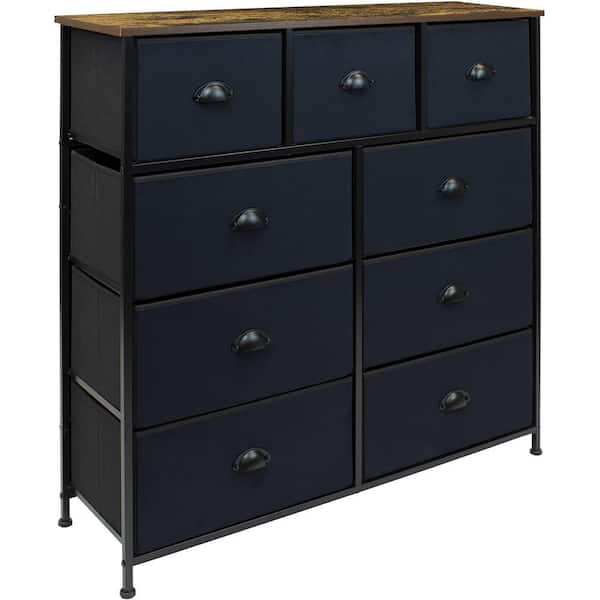 Sorbus 39.5 in. L x 11.5 in. W x 39.5 in. H 9-Drawer Rustic Black Dresser with Steel Frame Wood Top Easy Pull Fabric Bins