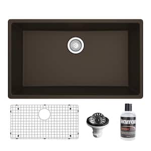 32.5 in. Large Single Bowl Undermount Kitchen Sink in Brown with Bottom Grid and Strainer