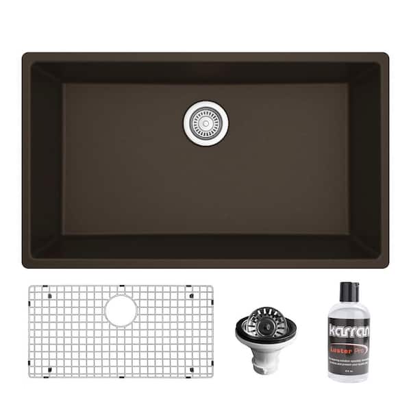 Karran 32.5 in. Large Single Bowl Undermount Kitchen Sink in Brown with Bottom Grid and Strainer