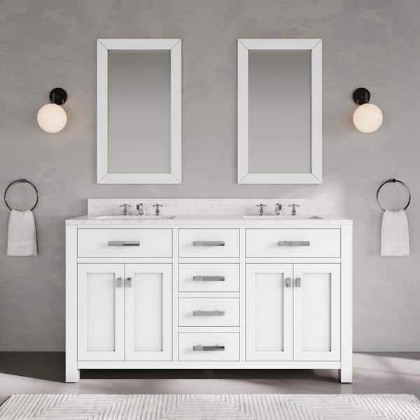 Water Creation Madison 60 in. W x 21.5 in. D x 34 in. H Double Sink Bath Vanity in Pure White with Carrara White Marble Top and Mirrors