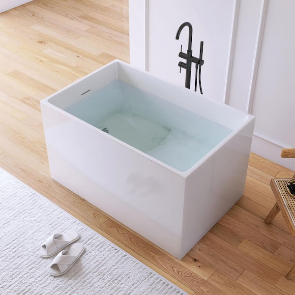 43 in. x 27.5 in. Acrylic Flatbottom Freestanding Japanese Soaking Bathtub in White with Seat