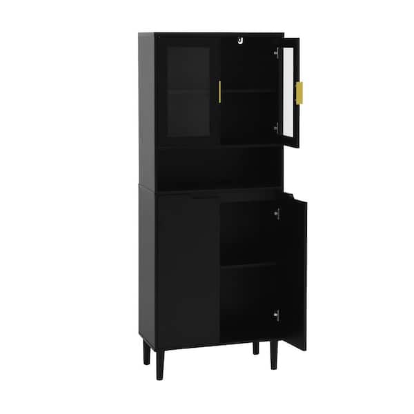Nestfair 23.62 in. W x 13.78 in. D x 63 in. H Black Linen Cabinet with 2-Glass Display Door and 2-Doors