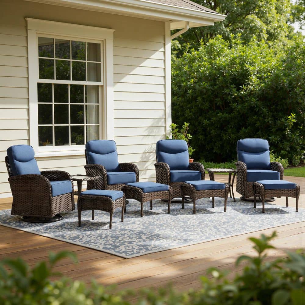 Luna Brown 10-Piece Wicker Swivel Gliders Patio Conversation Set with 6 in. Navy Blue Cushions and Ottomans price history on PriceWatchPro