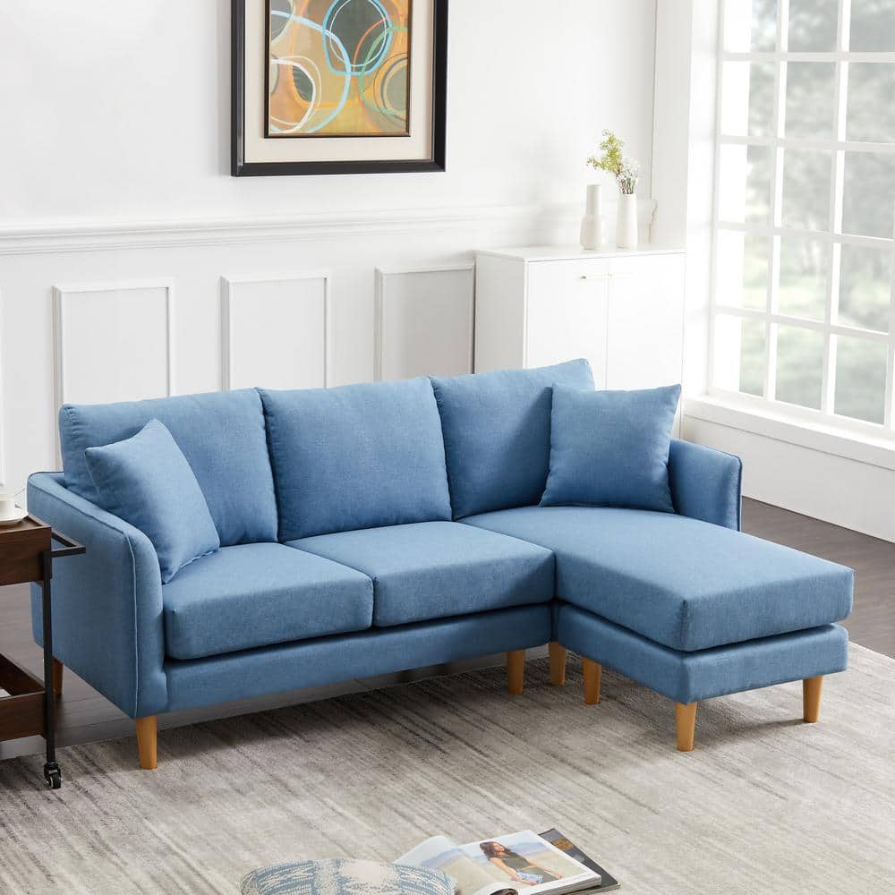 Magic Home 74.01 in. W Blue Polyester Fabric 3-Seats Corner Sofa with ...