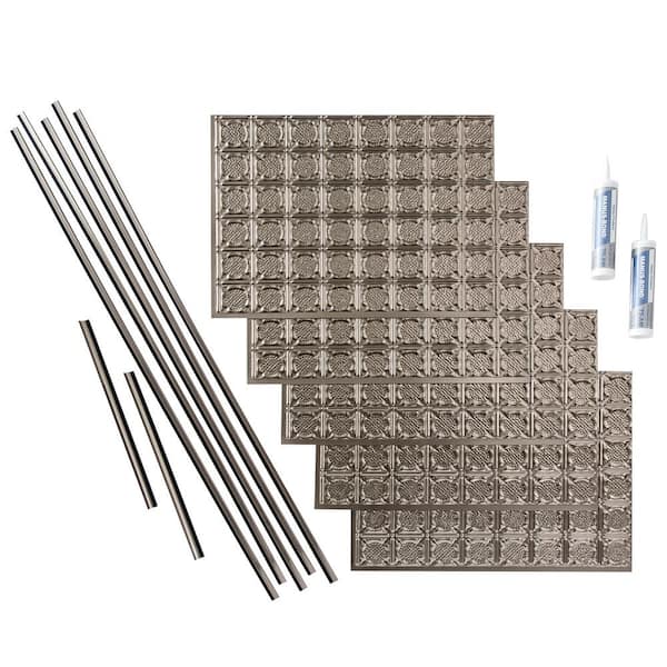 Fasade Traditional 6 18 in. x 24 in. Brushed Nickel Vinyl Decorative Wall Tile Backsplash 15 sq. ft. Kit