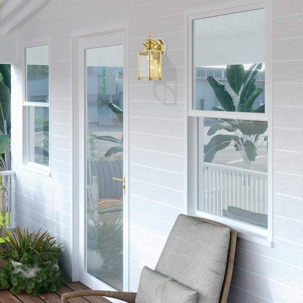 Bannington 13 in. 1-Light Polished Brass Outdoor Hardwired Wall Lantern Sconce with No Bulbs Included