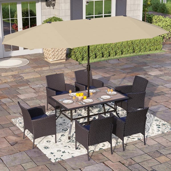 PHI VILLA Black 8-Piece Metal Patio Outdoor Dining Set with Wood-Look Table, Umbrella and Rattan Chairs with Blue Cushion
