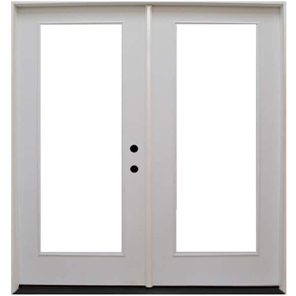 Steves & Sons 56 in. x 80 in. Reliant Series Clear Full Lite White Primed Left Hand Inswing Fiberglass Double Prehung Patio Door