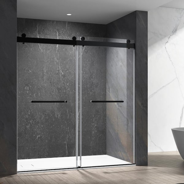 FORCLOVER 72 in. W x 76 in. H Double Sliding Frameless Shower Door in Matte Black Finish with 3/8'' Clear Glass and 2 Handles