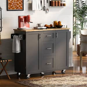 Black Rubberwood Kitchen Cart with Internal Storage Rack, Spice Rack, 2- Slide-Out Shelf and 3 Drawers