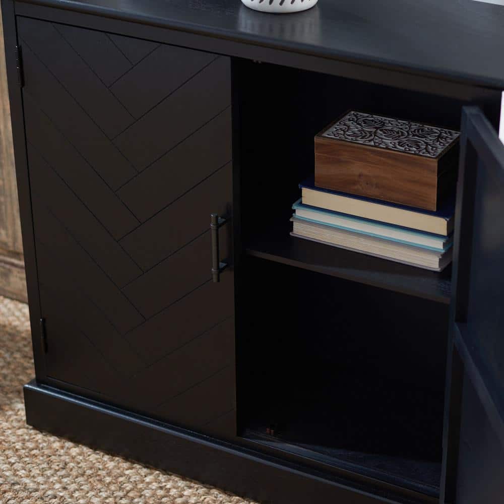 Black Wood and Metal Herringbone Storage Accent Cabinet