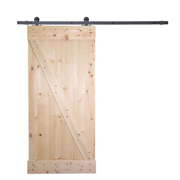 CALHOME 36 in. x 84 in. Unfinished Knotty Pine Wooden Door with Top Mount Black Barn Door Track Hardware
