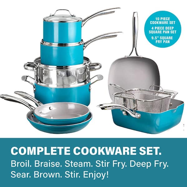 Gotham Steel Aqua Blue Pots and Pans Set, 12 Piece Nonstick Ceramic  Cookware, Includes Frying Pans, Stockpots & Saucepans, Stay Cool Handles,  Oven 