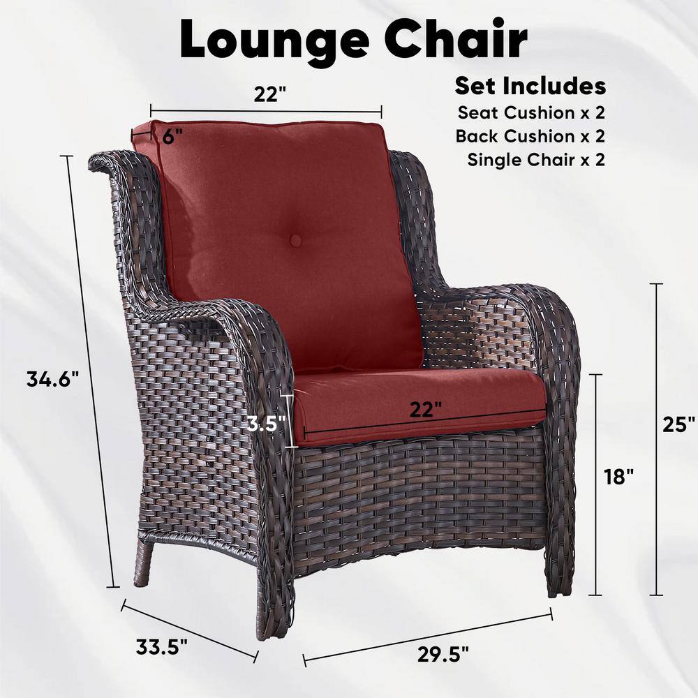 Measurement diagram of a brown wicker lounge chair with red cushions.
