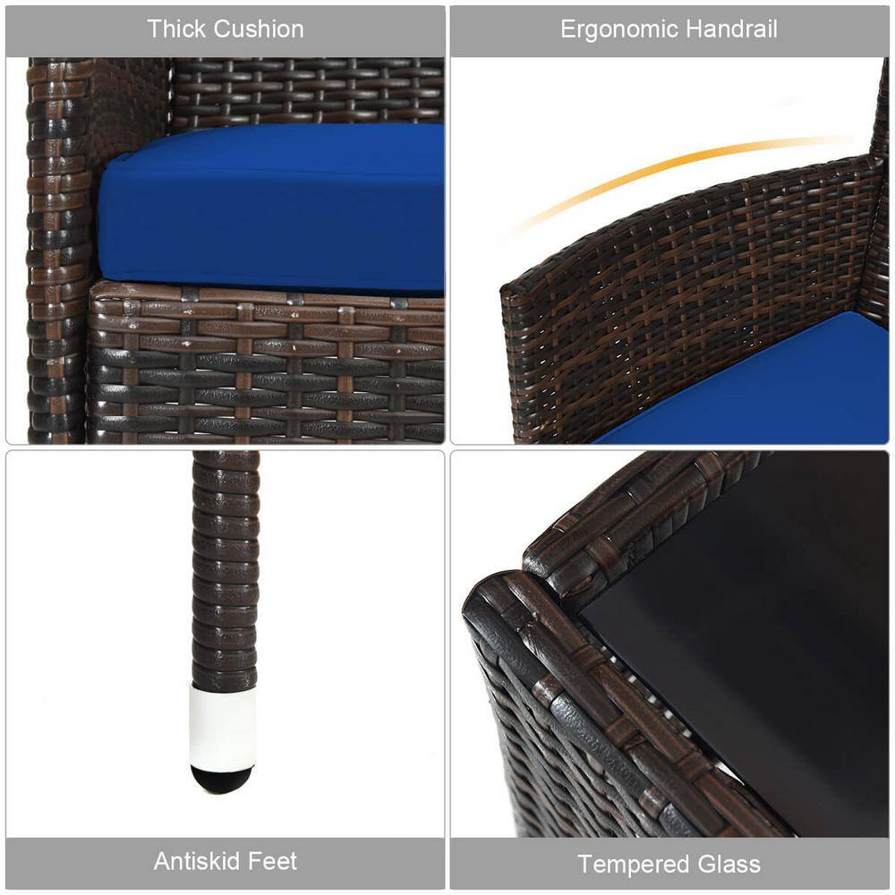 4-Piece Brown Steel Rattan Patio Set with Navy Cushions