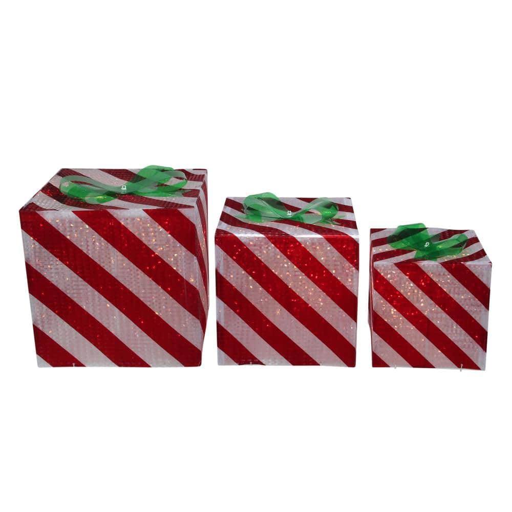 Northlight Set of 3 Red and Green Striped Glass Gift Boxes Outdoor Christmas Decor