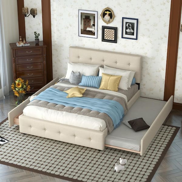 URTR 64 in. W Beige Queen Size Upholstered Platform Bed with 4 Drawers and a Twin XL Trundle, Wood Platform Bed Frame