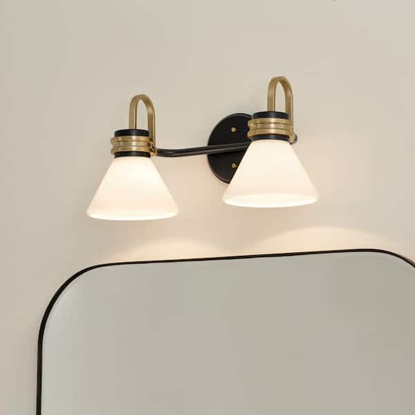 KICHLER Farum 19.25 in. 2-Light Black with Champagne Bronze Modern Bathroom Vanity Light with Opal Glass Shades