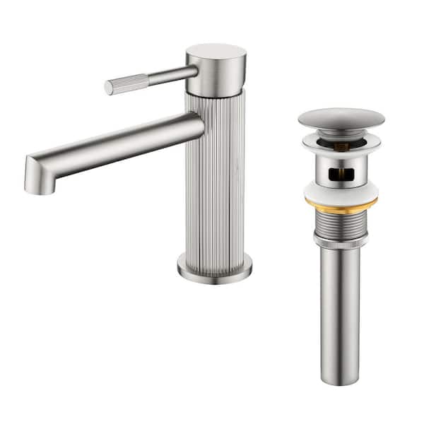 Modern Single Handle Single Hole Bathroom Sink Faucet with Pop Up Drain, Vertical Stripe Design Faucet in Brushed Nickel