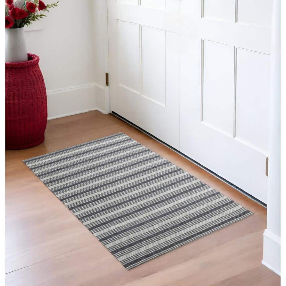 Gray and Off-White Wool Striped Handmade Rectangular Area Rug