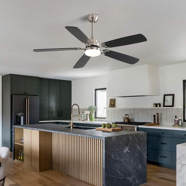 Modern 52 in. Led Nickel Ceiling Fan with 110 V 6 Speed Wind 5 Blades Remote Control Reversible DC Motor with Light