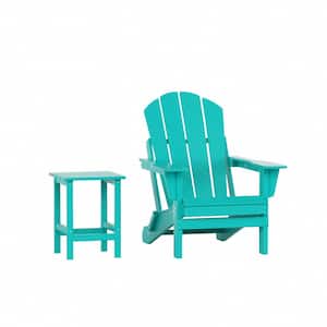 Laguna Fade Resistant Outdoor Patio Poly HDPE Classic Folding Adirondack Chair and  Side Table 2 Piece Set, Turquoise