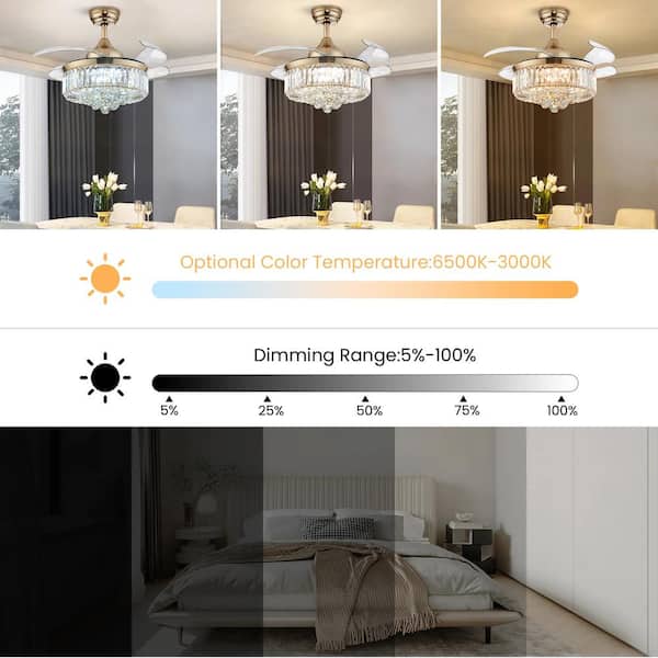 EAYSG 36'' Modern Ceiling Fans with Lights, Remote Control LED 3 Colors 3  Speeds Retractable Invisible Blades - Crystal Chandelier(Golden) 