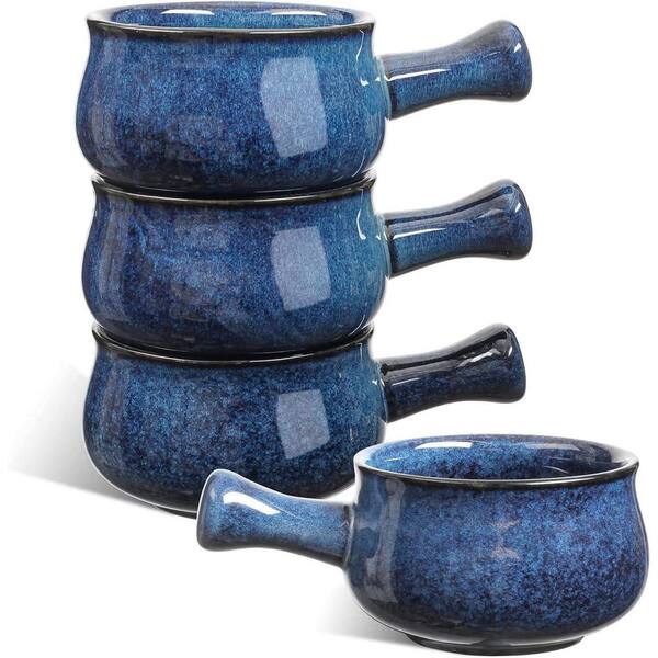 4-Piece Blue Porcelain Onion Soup Bowls Set with Handles Chip Resistant Dishwasher Microwave Safe for Stew Chili