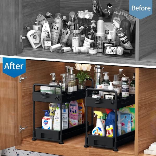 2 Packs Large Capacity Under Sink Organizers And Storage, Slide Out Kitchen  Cabinet Organizer 2 Tier Bathroom Counter Organizer With Hooks, Hanging  Cups, Dividers, Multipurpose Cleaning Supplies Organizer For Kitchen And  Bathroom