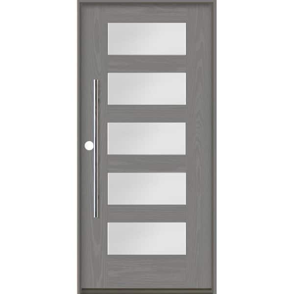 Krosswood Doors Modern Faux Pivot 36 in. x 80 in. 5 Lite Right-Hand/Inswing Satin Glass Malibu Grey Stain Fiberglass Prehung Front Door