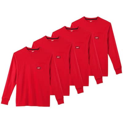 Men's 3X-Large Red Heavy-Duty Cotton/Polyester Long-Sleeve Pocket T-Shirt (4-Pack)