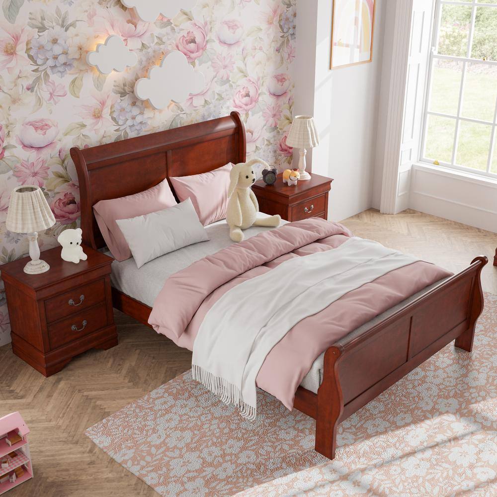 Cherry Wood 2-Drawer Nightstand Set with Antique Handles