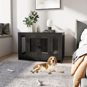 Heavy Duty Modern Wooden Double Doors End table for Small Dogs with Cushion & Tray, Size M, Black