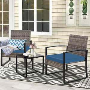 3-Piece Outdoor Patio Light-Gray Wicker Conversation Set Outdoor Bistro Set with Navy-Blue Cushions and Coffee Table