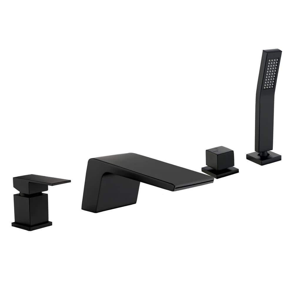 Ami Deck-Mount Single Handle Roman Tub Faucet with Handshower and Waterfall Spout in Matte Black -  Aurora Decor, DSMDHD2A1724B