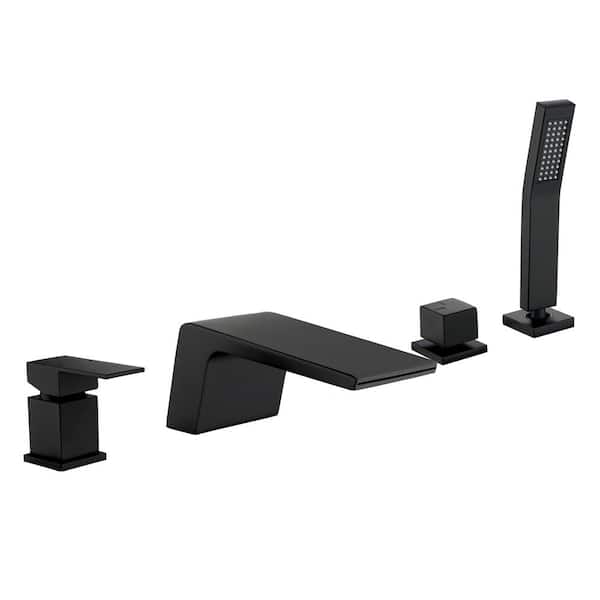 Aurora Decor Ami Deck-Mount Single Handle Roman Tub Faucet with Handshower and Waterfall Spout in Matte Black