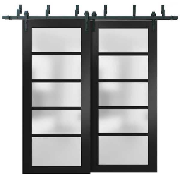 Sartodoors 60 in. x 84 in. 5-Panel Black Finished Solid MDF Sliding Door with Barn Bypass Hardware