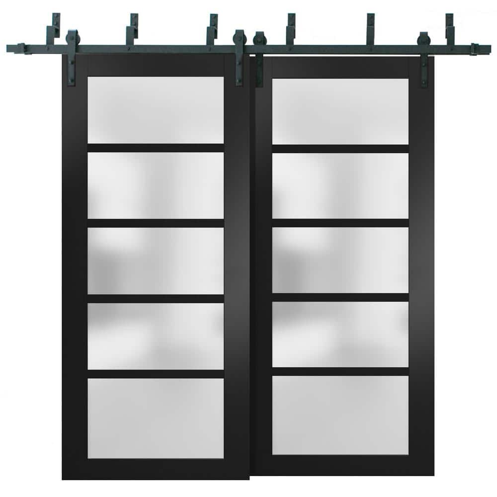Matte Black Solid Core Frosted Glass Barn Bypass Doors 64 x 80 Inches