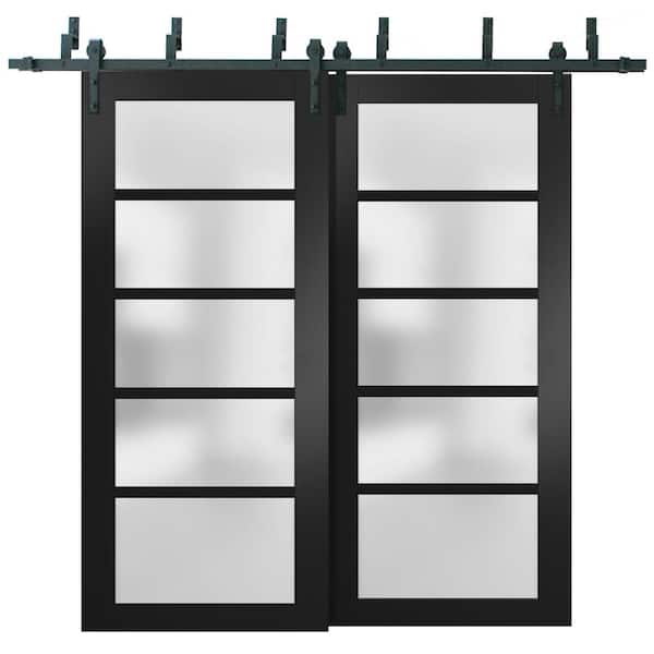 Sartodoors 64 in. x 80 in. 5-Panel Black Finished Solid MDF Sliding Door with Barn Bypass Hardware