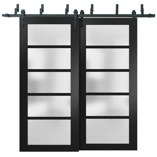 Sartodoors 72 in. x 84 in. 5-Panel Black Finished Solid MDF Sliding Door with Barn Bypass Hardware