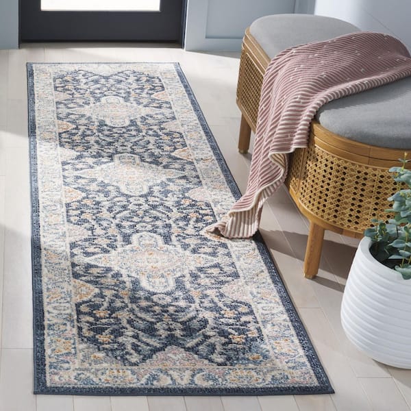 Blair Navy/Blue 2 ft. x 8 ft. Machine Washable Floral Medallion Runner Rug