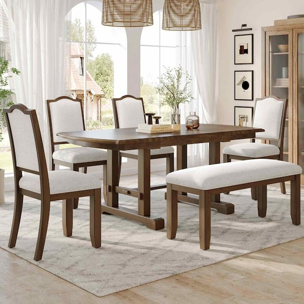 6-Piece Rectangular Extendable Beige/Brown Wood Top Dining Table Set Seats 5 with 4 Upholstered Side Chair