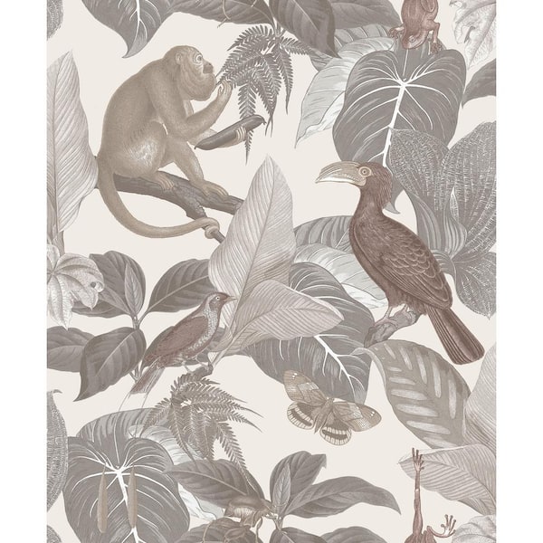 Into The Wild Greige Metallic Tropical Life Non-Pasted Non-Woven Paper Wallpaper Roll