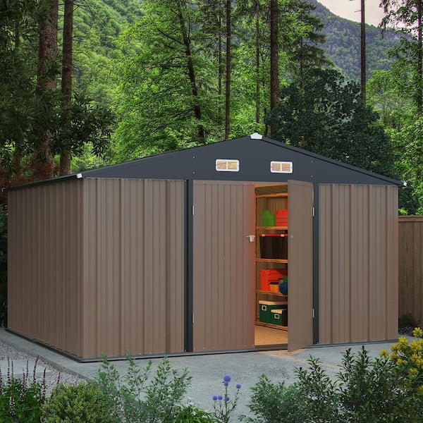 10 ft. W x 8 ft. D Outdoor Storage Shed Galvanized Metal Shed with Lockable Doors, Brown (80 sq. ft.)