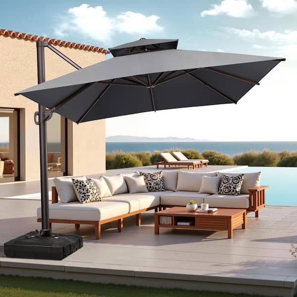 Double Top 13 ft. x 10 ft. Large Outdoor Cantilever Offset 360° Rotation Patio Umbrella in Dark Gray with 350 lbs. Base
