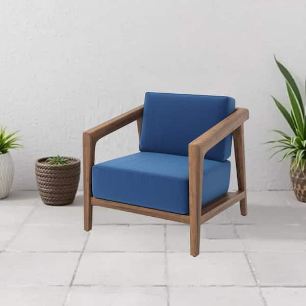 Benjara Bali Brown Comfortable Wood Outdoor Lounge Chair with Dark Blue Cushion (2-Pack)